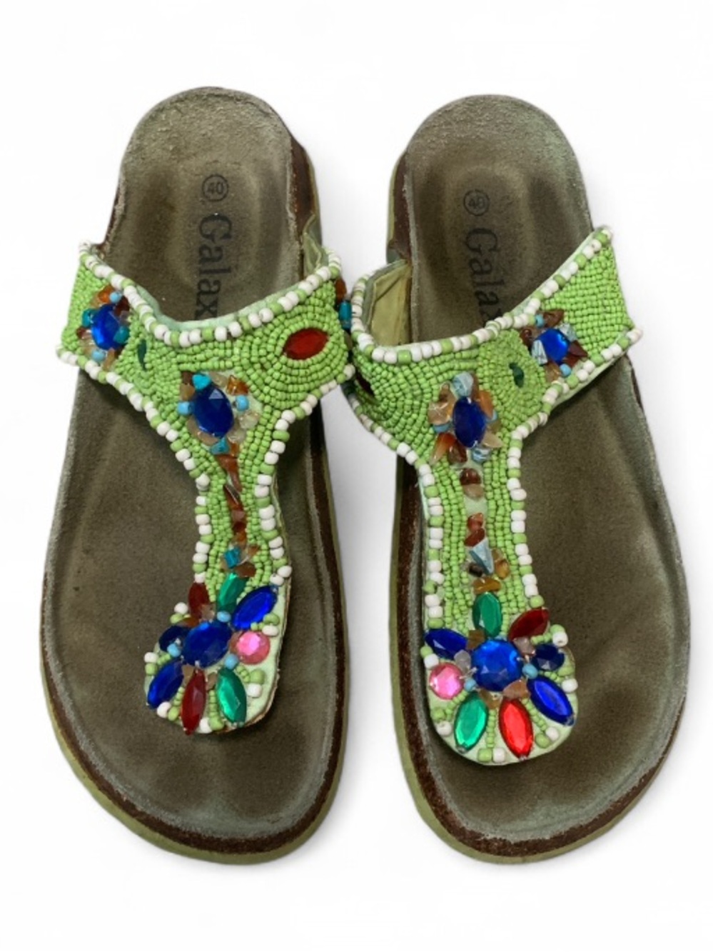 Galax Birkenstock Style Green Beaded T-Strap Sandals